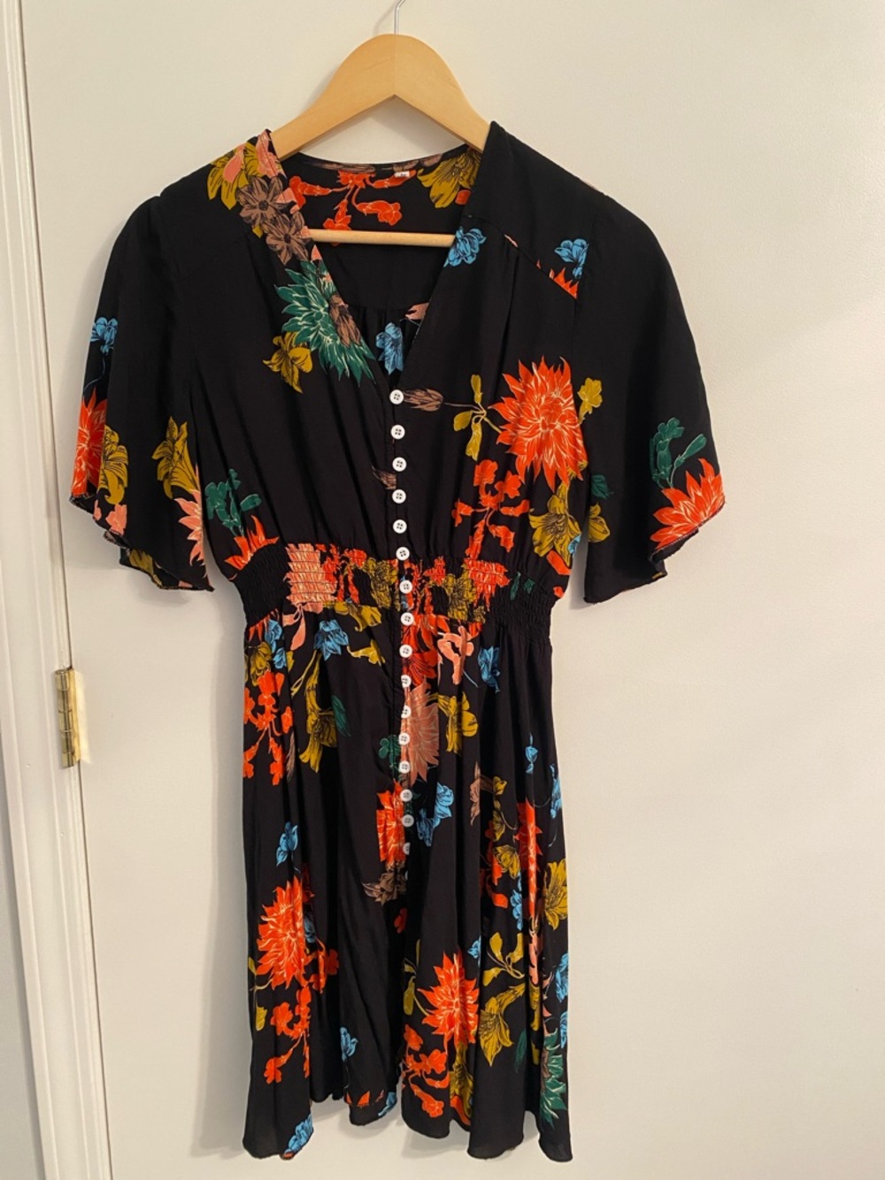 Vintage Black Floral Mini Dress with Button Detail Size M